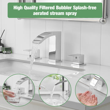 Chrome Finish 3 Hole Waterfall Bathroom Faucet Two Handle with Wide Flow