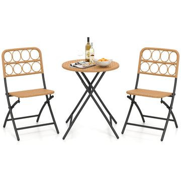 3 Piece Patio Bistro Set Folding Round Table and Chairs with Wicker Seat