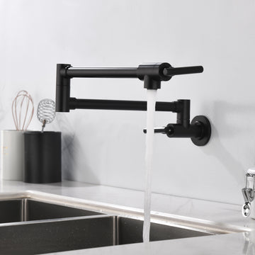 Matte Black Wall Mounted Pot Filler Double Handle 1.8 GPM with Ceramic Cartridge and Mounting Hardware