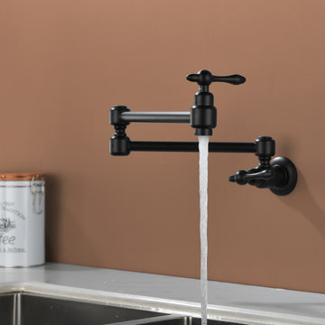 Matte Black Wall Mounted Double Handle Pot Filler 1.8 GPM with Ceramic Cartridge and Mounting Hardware