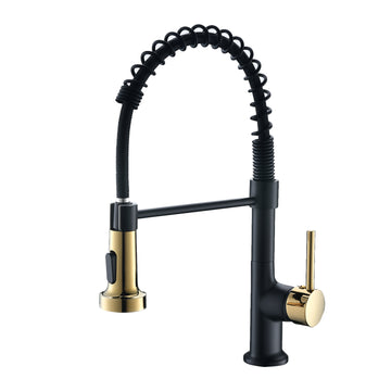 Matte Black with Gold Single Handle No Sensor Gooseneck Pull Down Sprayer Kitchen Faucet
