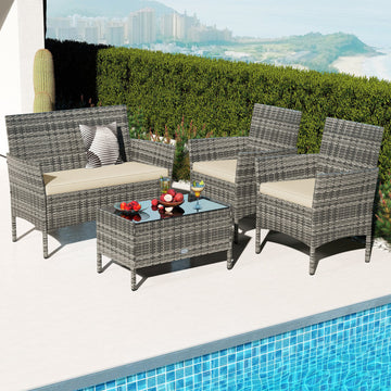 4 Pieces Patio Rattan Conversation Set with Tempered Glass Coffee Table