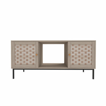 Elegant Veener Weaving Design Coffee Table with 4 Sliding Door, Wooden Center Rectangular Table with Symmetrical Design Storage Cabinet