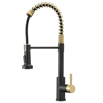 Matte Black with Brushed Gold Stainless Steel Single Handle Pull Down Sprayer Kitchen Faucet with Water Supply Hoses