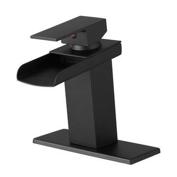 Modern Waterfall Single Handle Single Hole Bathroom Faucet Matte Black with Deck Plate and Water Supply Hoses