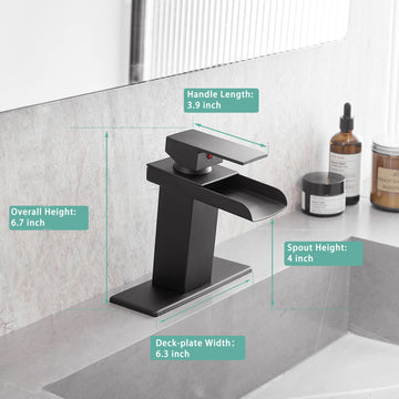 Modern Waterfall Single Handle Single Hole Bathroom Faucet Matte Black with Deck Plate and Water Supply Hoses