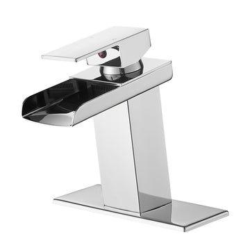 Modern Waterfall Single Handle Single Hole Bathroom Faucet Chrome with Deck Plate and Water Supply Hoses