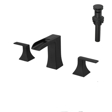 Modern 8 Inch Widespread Double Handle Brass Bathroom Faucet with Pop Up Drain and Water Supply Hoses in Matte Black