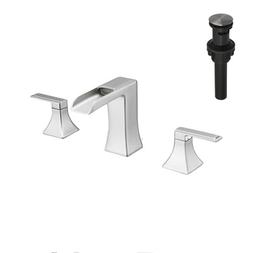 Modern 8 Inch Widespread Double Handle Brass Bathroom Faucet with Pop Up Drain and Water Supply Hoses in Brushed Nickel
