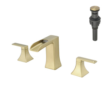 Modern 8 Inch Widespread Double Handle Brass Bathroom Faucet with Pop Up Drain and Water Supply Hoses in Brushed Gold