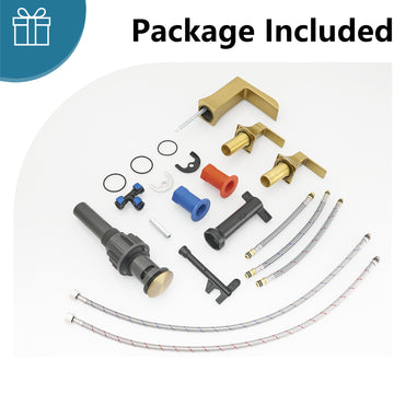 Modern 8 Inch Widespread Double Handle Brass Bathroom Faucet with Pop Up Drain and Water Supply Hoses in Brushed Gold
