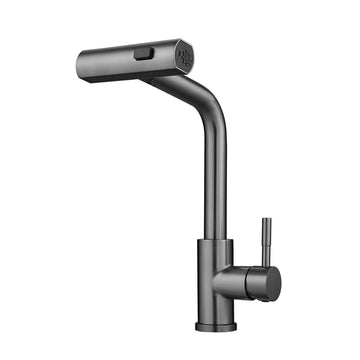 Gun Grey Finish Single Handle Pull Out Kitchen Faucet Waterfall Style with Dual Spray Modes