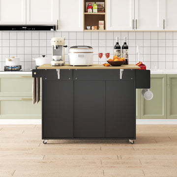 45.4 Inches Farmhouse Black Rolling Kitchen Cart on Wheels with Storage Cabinet, Mobile Kitchen Island cart with Drop Leaf Top, Spice Rack, Towel Bar, Adjustable Shelf, Drawers and Hooks