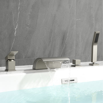 Brushed Nickel Waterfall Bathtub Faucet with Handheld Shower SUS304 Dual Handle cUPC Valve 18cm Wide Spout