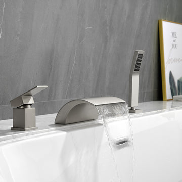 Brushed Nickel Waterfall Bathtub Faucet with Handheld Shower SUS304 Dual Handle cUPC Valve 18cm Wide Spout