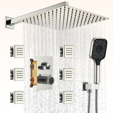 12-inch Rain Shower System with Body Jets Wall-Mounted Shower System with Handheld Shower Sprayer 3-Function Shower Faucet Set, Chrome
