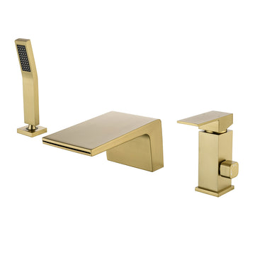 Brushed Gold Waterfall Bathtub Faucet with Hand Shower and Single Handle cUPC Valve