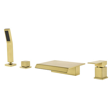 Brushed Gold 4 Hole Waterfall Bathtub Faucet with Hand Shower and cUPC Valve