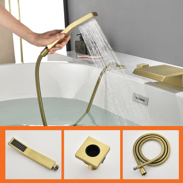 Brushed Gold 4 Hole Waterfall Bathtub Faucet with Hand Shower and cUPC Valve