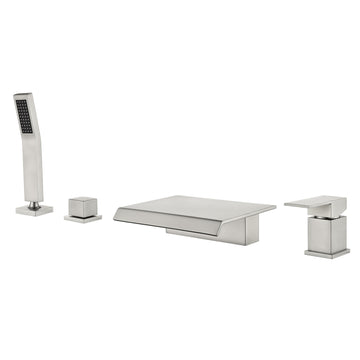 Brushed Nickel 4 Hole Waterfall Bathtub Faucet with Hand Shower and cUPC Valve