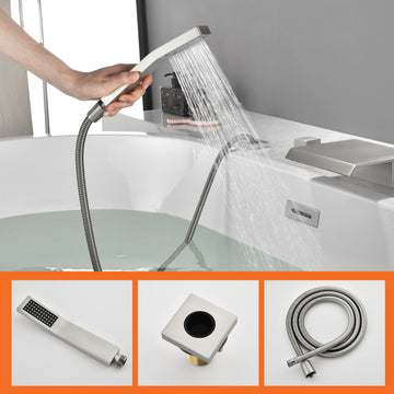 Brushed Nickel 4 Hole Waterfall Bathtub Faucet with Hand Shower and cUPC Valve