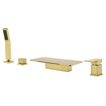Brushed Gold 4 Hole Waterfall Bathtub Faucet with Hand Shower and cUPC Valve