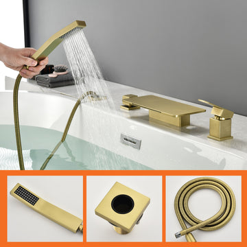 Brushed Gold 4 Hole Waterfall Bathtub Faucet with Hand Shower and cUPC Valve