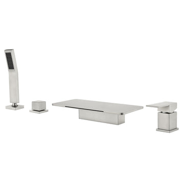 Brushed Nickel 4 Hole Waterfall Bathtub Faucet with Hand Shower and cUPC Valve