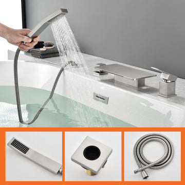 Brushed Nickel 4 Hole Waterfall Bathtub Faucet with Hand Shower and cUPC Valve