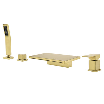 Brushed Gold 4 Hole Waterfall Bathtub Faucet with Hand Shower and cUPC Valve