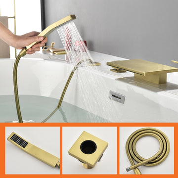 Brushed Gold 4 Hole Waterfall Bathtub Faucet with Hand Shower and cUPC Valve