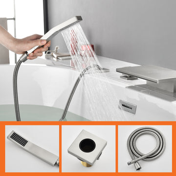 Brushed Nickel 4 Hole Waterfall Bathtub Faucet with Hand Shower and cUPC Valve