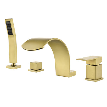 Brushed Gold 4 Hole Waterfall Bathtub Faucet with Hand Shower and cUPC Valve