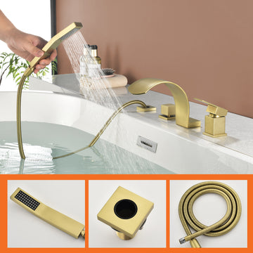 Brushed Gold 4 Hole Waterfall Bathtub Faucet with Hand Shower and cUPC Valve