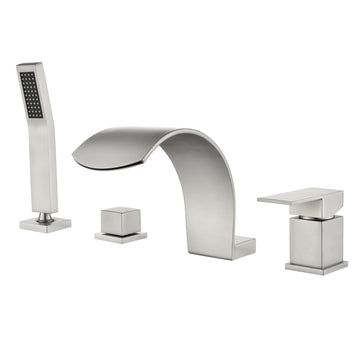 Brushed Nickel 4 Hole Waterfall Bathtub Faucet with Hand Shower and cUPC Valve