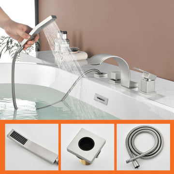 Brushed Nickel 4 Hole Waterfall Bathtub Faucet with Hand Shower and cUPC Valve
