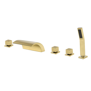 Brushed Gold 5 Hole Waterfall Bathtub Faucet with Hand Shower and cUPC Valve
