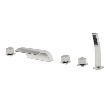 Brushed Nickel 5 Hole Waterfall Bathtub Faucet with Hand Shower and cUPC Valve