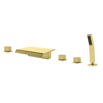 Brushed Gold 5 Hole Bathtub Faucet with Hand Shower and Waterfall Spout