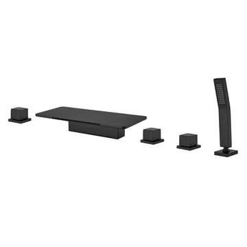 Matte Black 5 Hole Bathtub Faucet with Waterfall Spout and Hand Shower