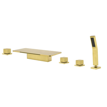 Brushed Gold 5 Hole Bathtub Faucet with Waterfall Spout and Hand Shower