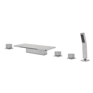 Brushed Nickel 5 Hole Bathtub Faucet with Waterfall Spout and Hand Shower