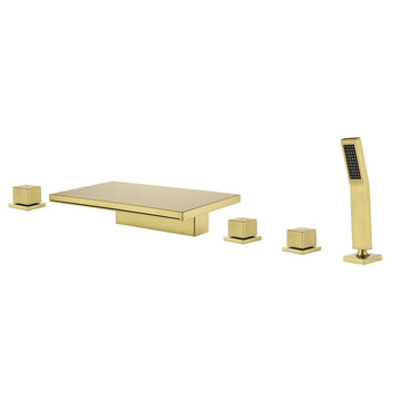 Brushed Gold 5 Hole Bathtub Faucet with Waterfall Spout and Hand Shower