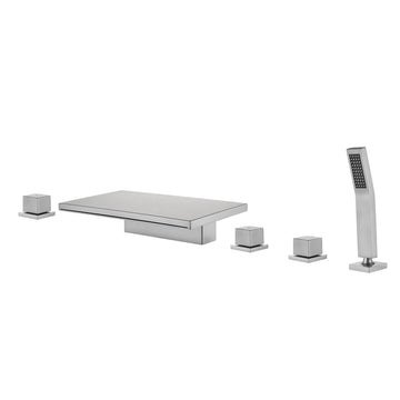 Brushed Nickel 5 Hole Bathtub Faucet with Waterfall Spout and Hand Shower