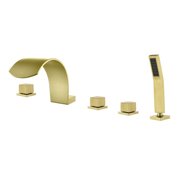 Brushed Gold 5 Hole Bathtub Faucet with Waterfall Spout and Hand Shower