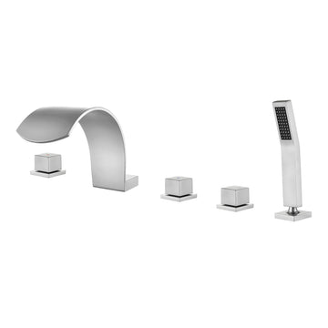 Brushed Nickel 5 Hole Bathtub Faucet with Waterfall Spout and Hand Shower