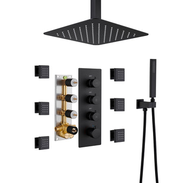 Black-Celling-Mount-Thermostatic-Rain-Shower-System-with-Handheld-Shower-and-Wall-Body-Jets-3-Functions-Wall-Mount-Shower-Faucet