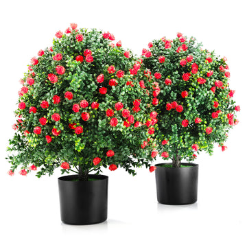 2-Pack 21.6 Inch Red PE Plastic Artificial Rose Topiary Tree UV Resistant Potted Plant