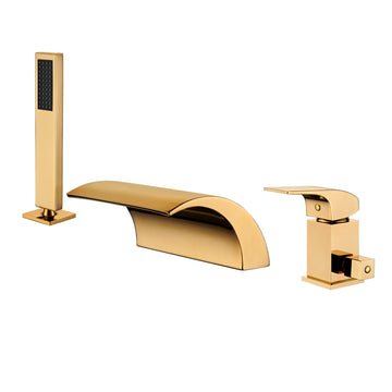 Dual-Function Bathtub Faucet Set with Handheld Shower Head Brass Tub Spout Waterfall Bathtub Shower Faucet, Brushed Gold
