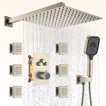 12-inch Rain Shower System with Body Jets Wall-Mounted Shower System with Handheld Shower Sprayer 3-Function Shower Faucet Set, Brushed Nickel